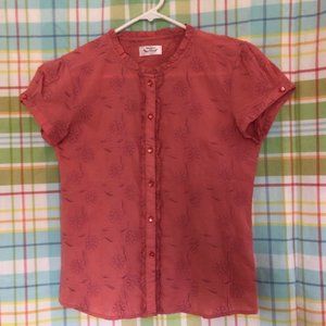 Adriana USA Rose Ruffle and Embroidered Short Sleeve Button Down Blouse Large